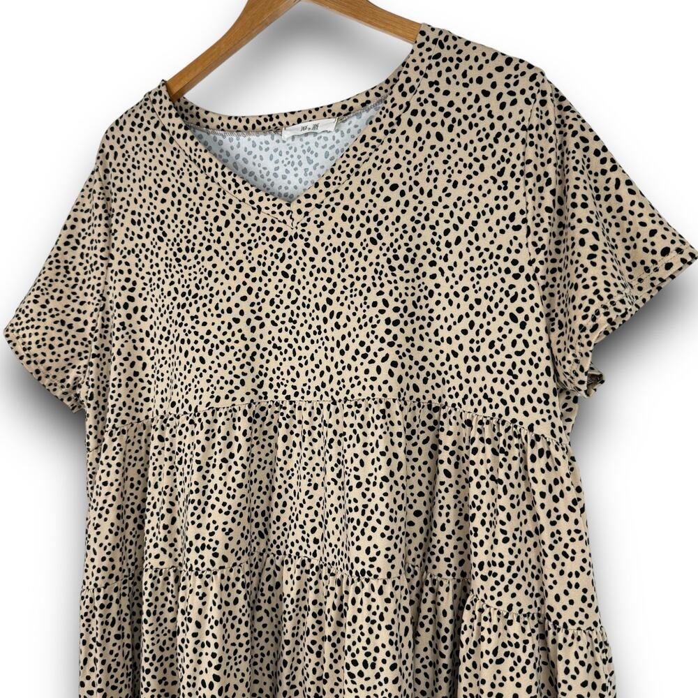 Tiered Ruffle Vneck Dress Pockets Dotted Print Soft Relaxed Tan Beige Black 1X - Picture 2 of 7